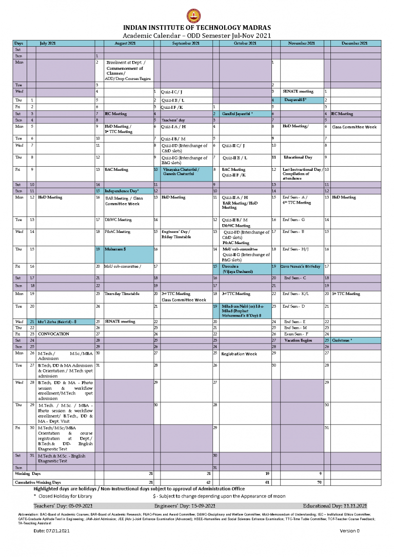 Academic Calendar - Department of Chemical Engineering